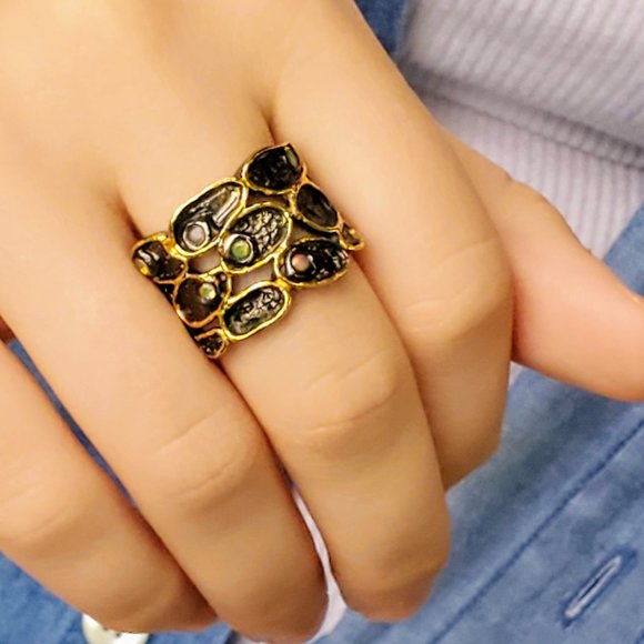 Artisan Opal Sterling & 14 kt Gold Ring - Picture 5 of 8